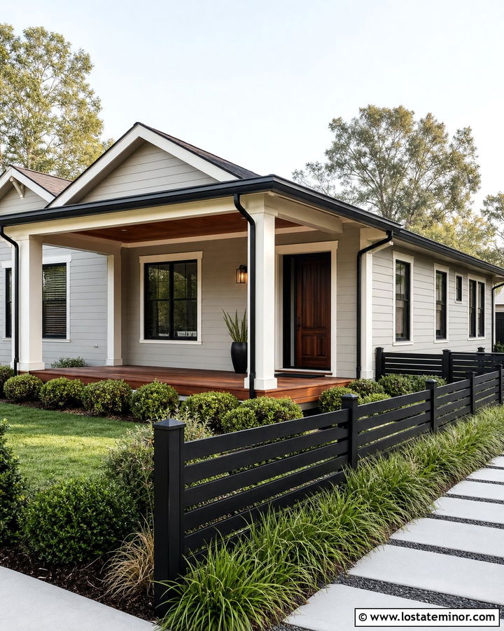 Light Grey Bungalow With Horizontal Black Fence - 30 Light Grey House Design With Fence Ideas