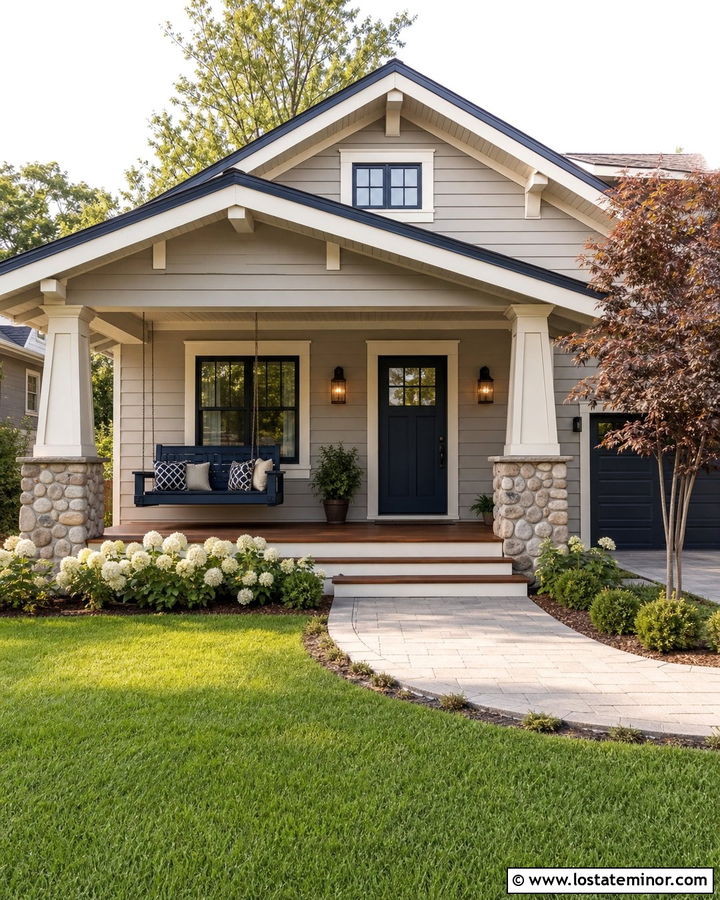 Light Grey Bungalow With Navy Porch Swing - 30 Light Grey House Design With Swing Ideas
