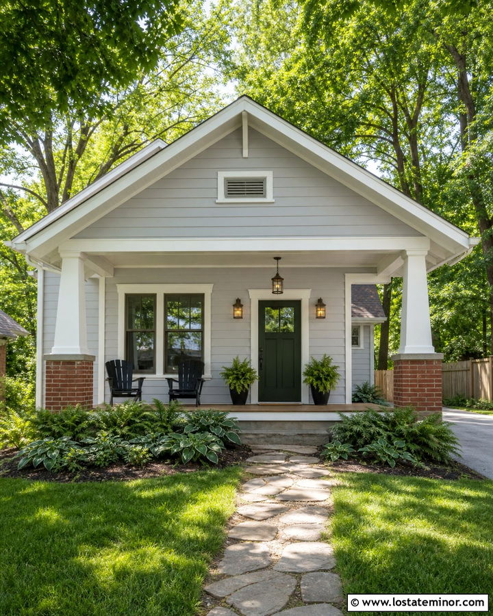 Light Grey Bungalow With Pendant Porch Light - 30 Light Grey House Design With Lighting Ideas