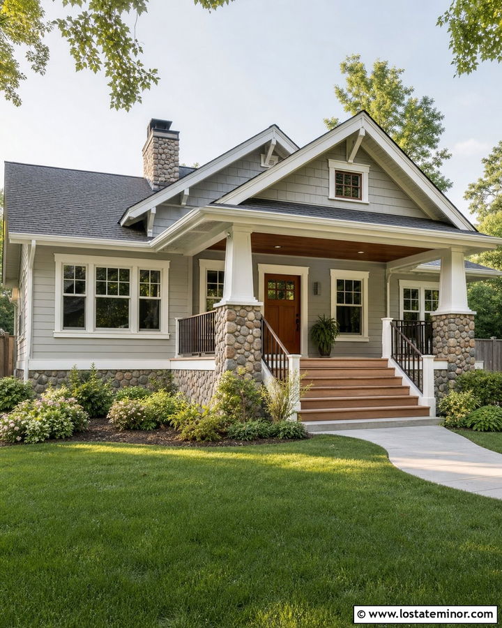 Light Grey Bungalow With River Rock Columns - 30 Light Grey House Design With Stone Accents Ideas