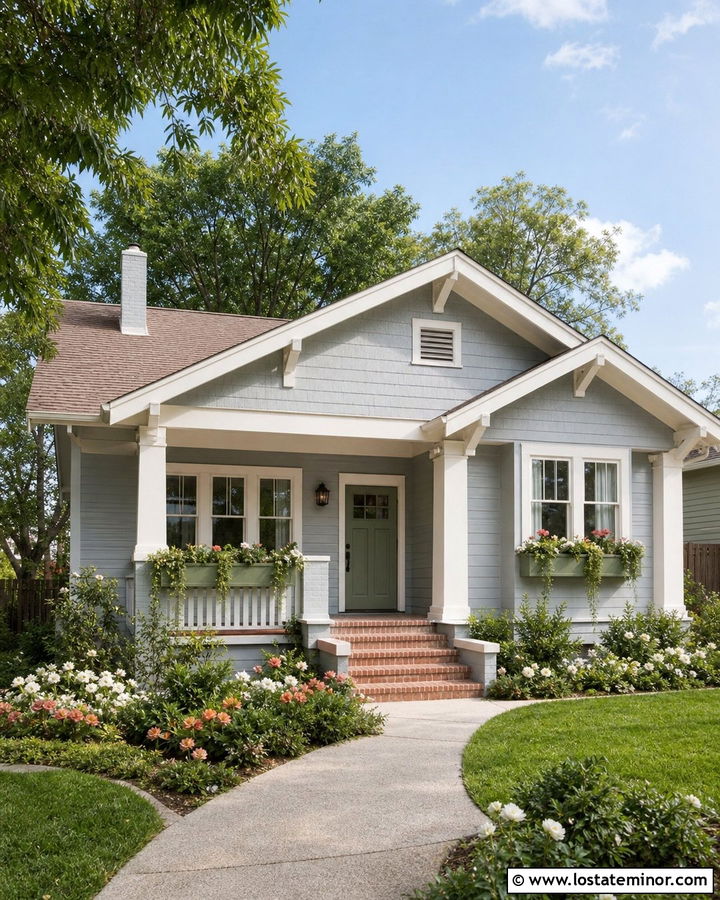 Light Grey Bungalow With Sage Green Window Boxes - 30 Light Grey House Design With Window Boxes Ideas