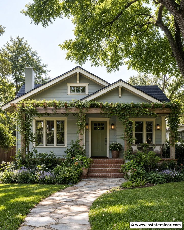 Light Grey Bungalow With Vine Covered Pergola - 30 Light Grey House Design With Pergola Ideas