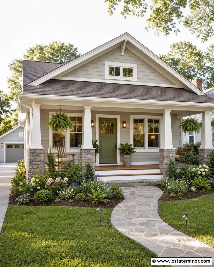 Light Grey Bungalow With White Columns And Green Door - 30 Light Grey House Design With Porch Columns Ideas