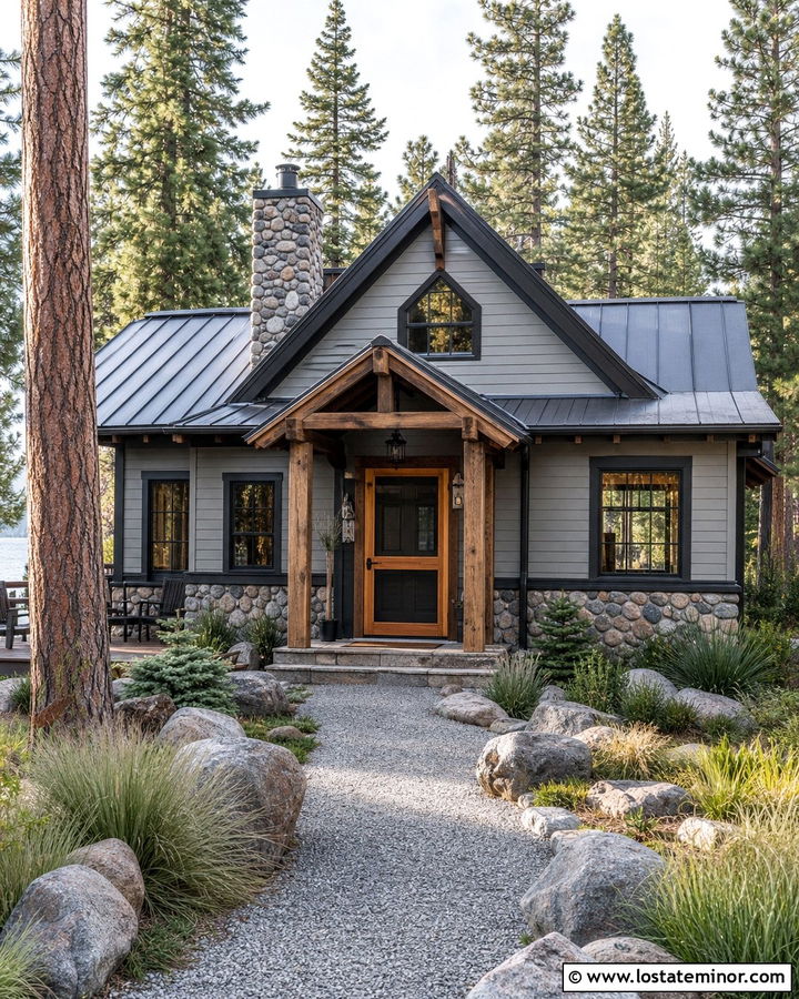 Light Grey Cabin House With Cedar Screen Door - 30 Light Grey House Design With Screen Door Ideas