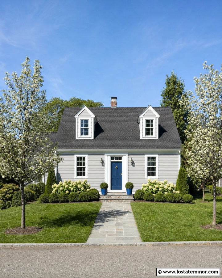 Light Grey Cape Cod House With Blue Front Door - 30 Light Grey House Design With Front Yard Ideas