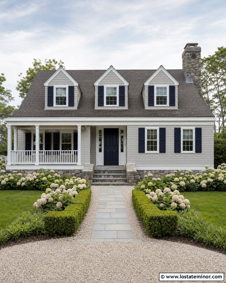 Light Grey Cape Cod House With Granite - 30 Light Grey House Design With Stone Accents Ideas