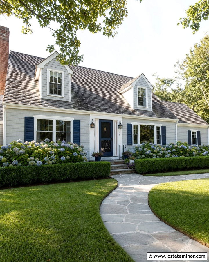 Light Grey Cape Cod House With Navy Screen Door - 30 Light Grey House Design With Screen Door Ideas