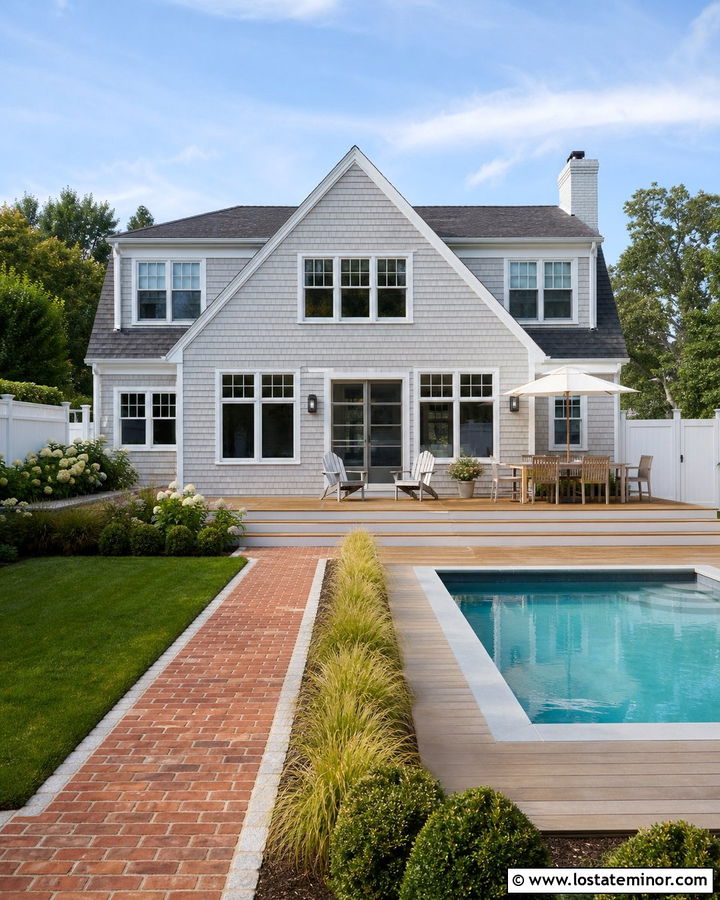 Light Grey Cape Cod House With Plunge Pool - 30 Light Grey House Design With Swimming Pool Ideas