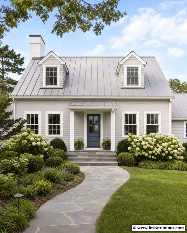 Light Grey Cape Cod House With Shed Portico - 30 Light Grey House Design With Portico Ideas