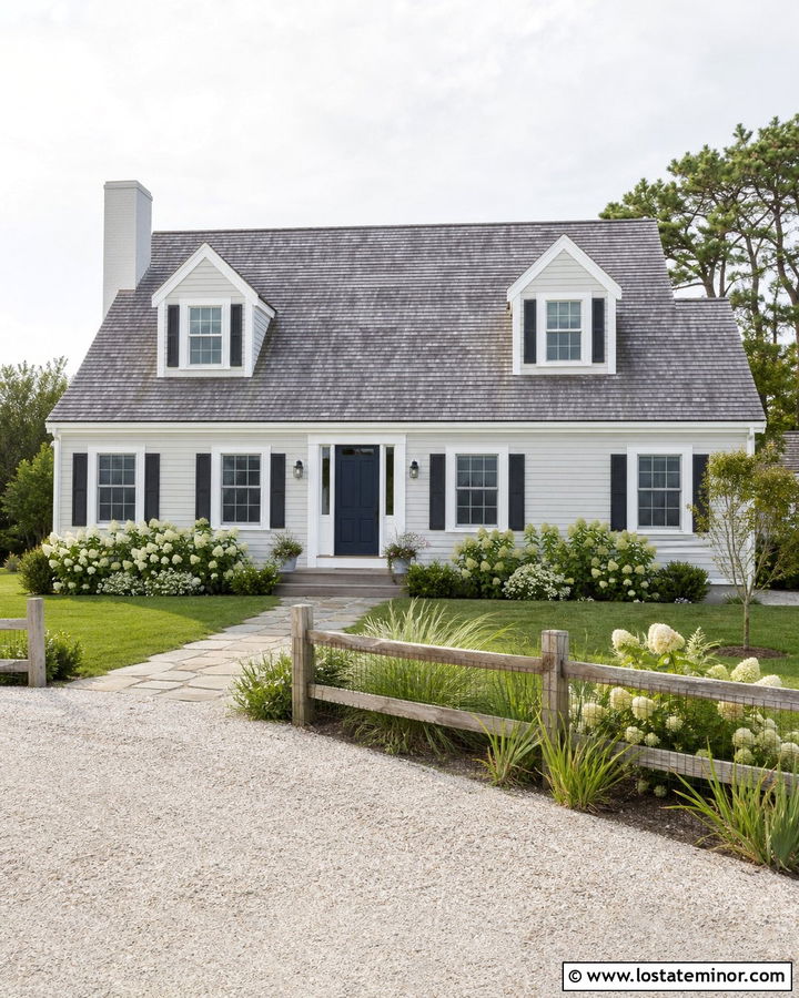 Light Grey Cape Cod House With Split Rail Fence - 30 Light Grey House Design With Fence Ideas
