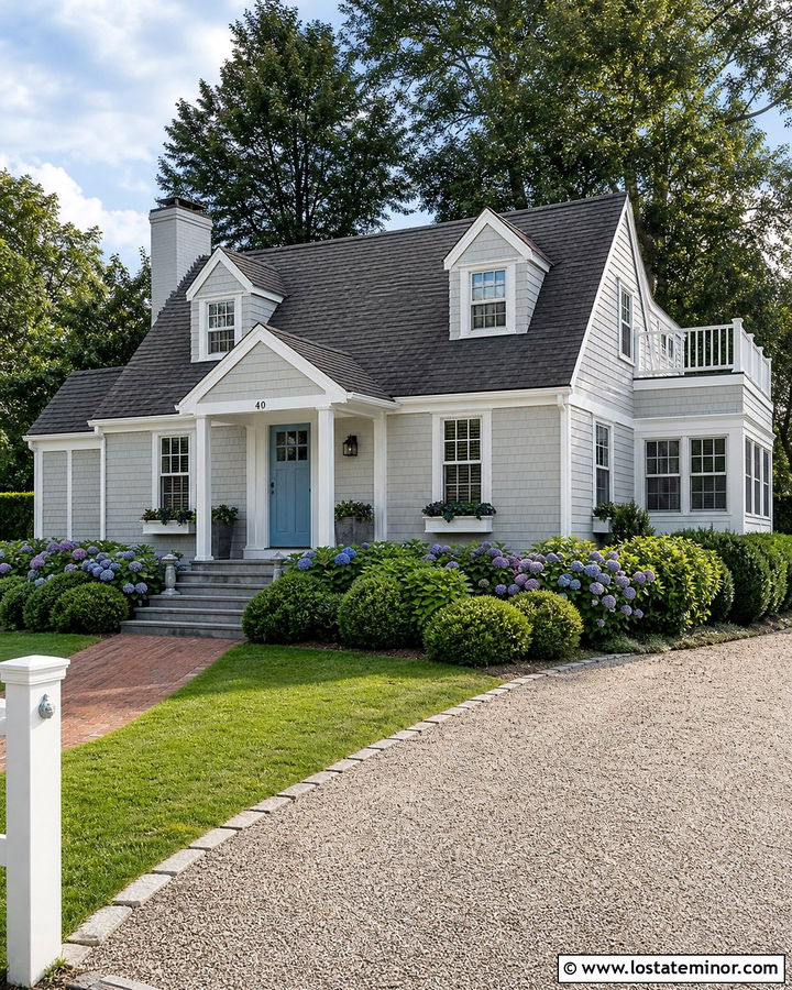 Light Grey Cape Cod With Blue Front Porch Door - 30 Light Grey House Design With Front Porch Ideas