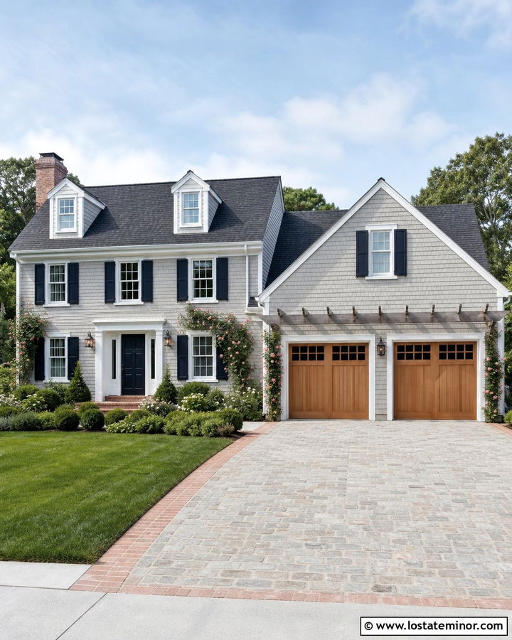 Light Grey Cape Cod With Garage Pergola - 30 Light Grey House Design With Pergola Ideas