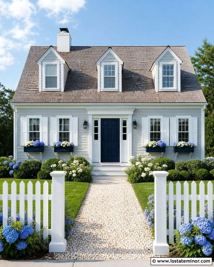 Light Grey Cape Cod With Navy Window Boxes - 30 Light Grey House Design With Window Boxes Ideas