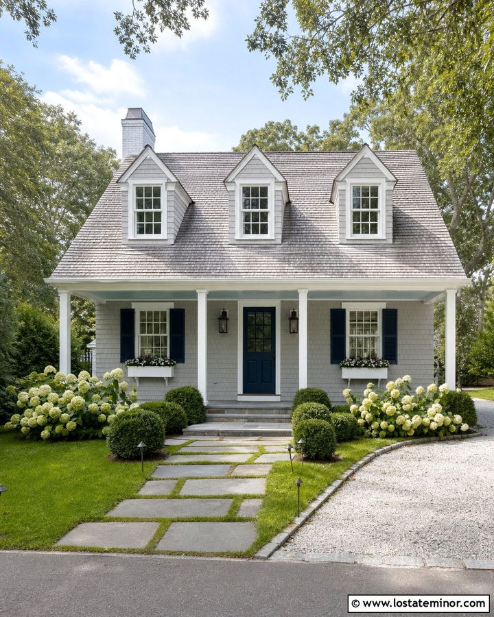 Light Grey Cape Cod With Sky Blue Porch Ceiling - 30 Light Grey House Design With Porch Ceiling Ideas