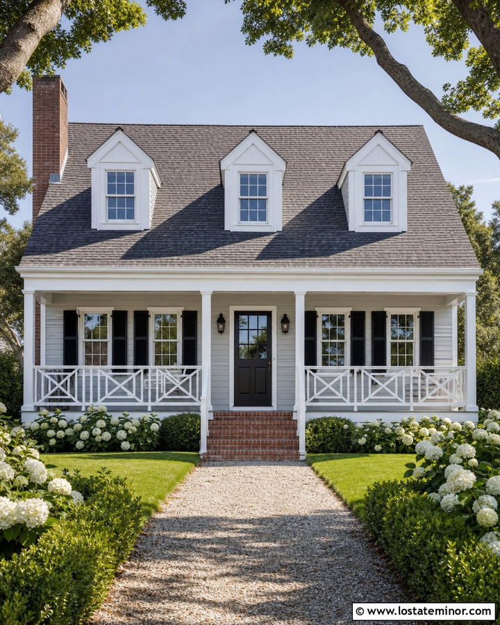 Light Grey Cape Cod With White Chippendale Railings - 30 Light Grey House Design With Railings Ideas