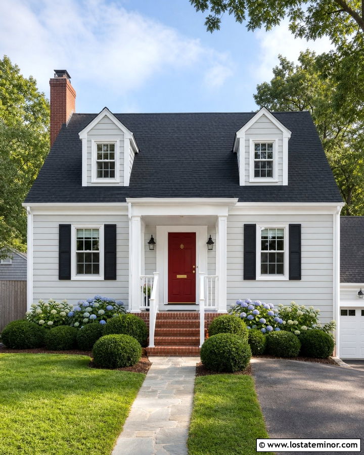 Light Grey Cape Cod With White Porch Columns - 30 Light Grey House Design With Porch Columns Ideas