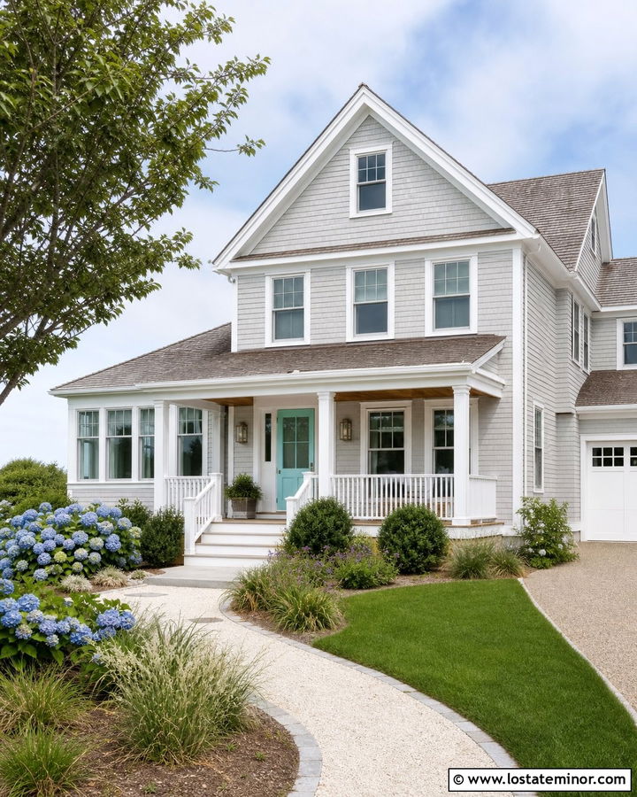 Light Grey Coastal House With Aqua Front Door - 30 Light Grey House Design With Front Door Ideas