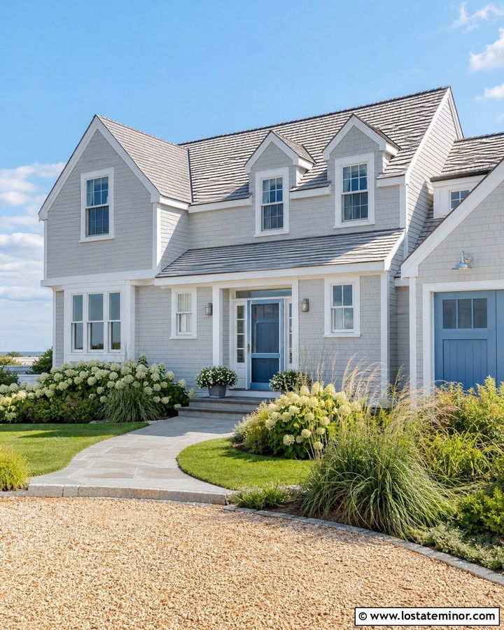 Light Grey Coastal House With Blue Screen Door - 30 Light Grey House Design With Screen Door Ideas