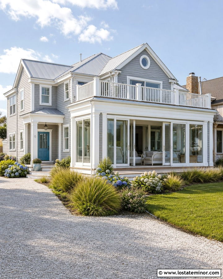 Light Grey Coastal House With Blue Sunroom Door - 30 Light Grey House Design With Sunroom Ideas