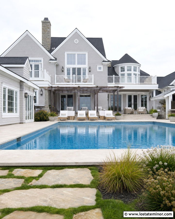 Light Grey Coastal House With Blue Tile Pool - 30 Light Grey House Design With Swimming Pool Ideas