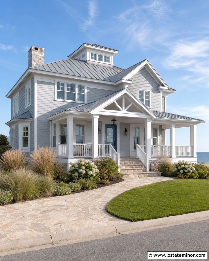 Light Grey Coastal House With Metal Portico - 30 Light Grey House Design With Portico Ideas