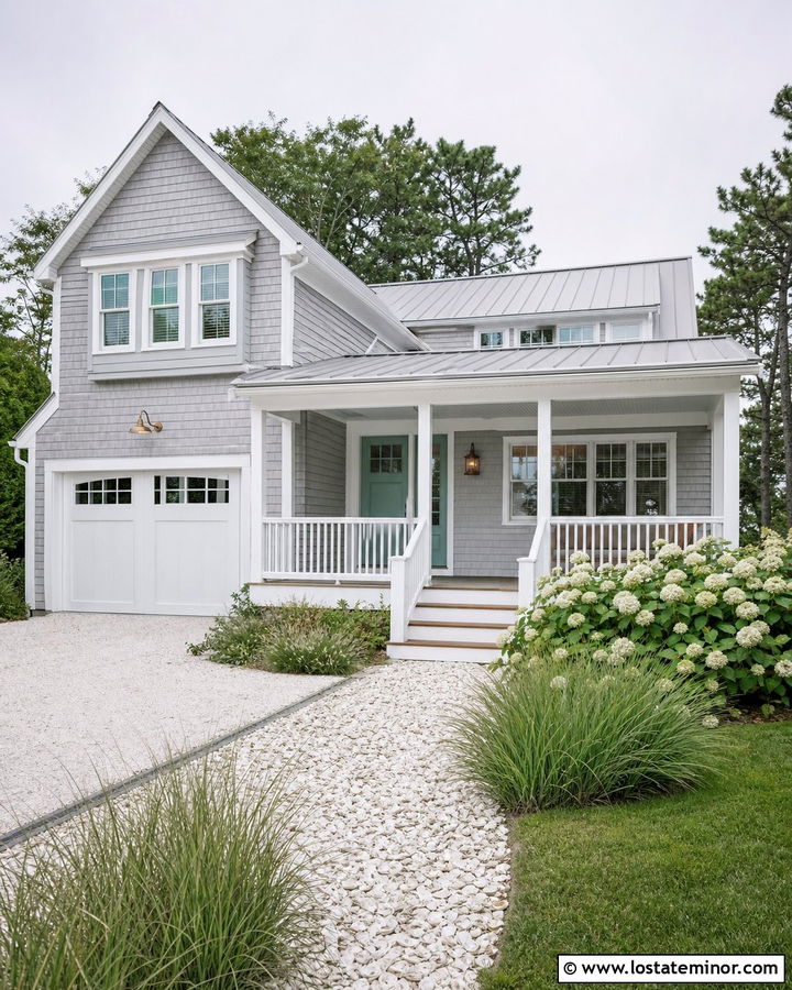 Light Grey Coastal House With Nautical Sconces - 30 Light Grey House Design With Lighting Ideas