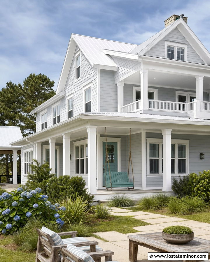 Light Grey Coastal House With Turquoise Swing - 30 Light Grey House Design With Swing Ideas