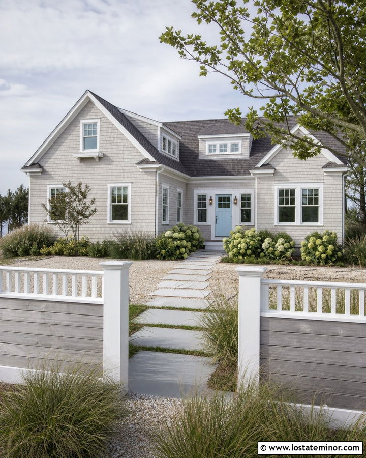 Light Grey Coastal House With Weathered Fence - 30 Light Grey House Design With Fence Ideas
