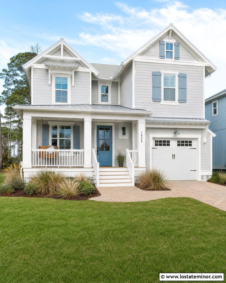Light Grey Coastal House With White Columns And Blue Door - 30 Light Grey House Design With Porch Columns Ideas
