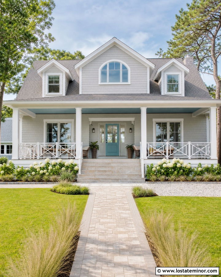 Light Grey Coastal House With White Front Porch - 30 Light Grey House Design With Front Porch Ideas