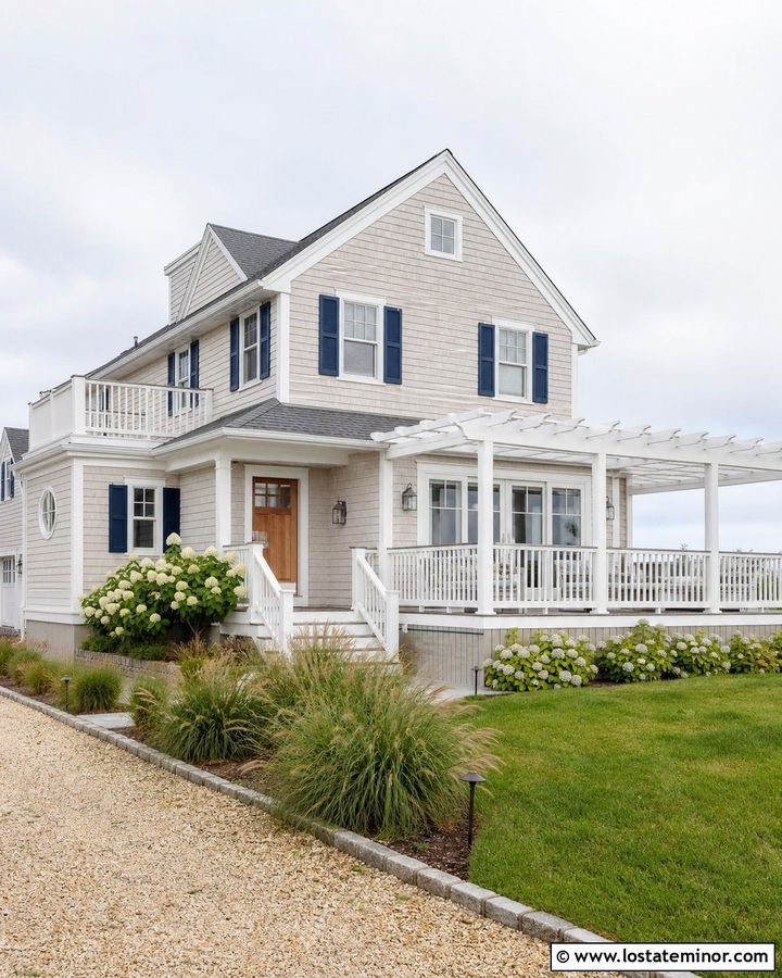Light Grey Coastal House With White Pergola - 30 Light Grey House Design With Pergola Ideas