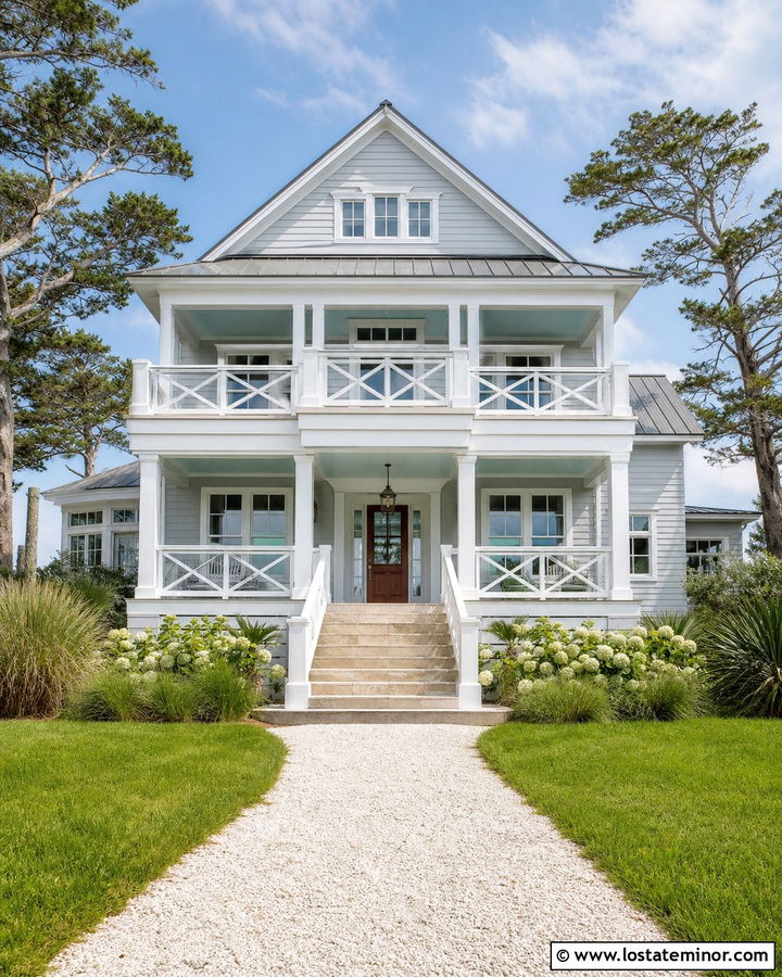 Light Grey Coastal House With White X Railings - 30 Light Grey House Design With Railings Ideas