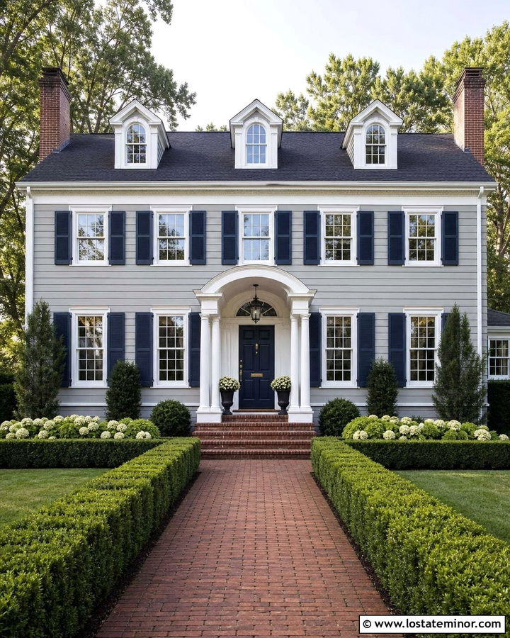 Light Grey Colonial House With Arched Portico - 30 Light Grey House Design With Portico Ideas