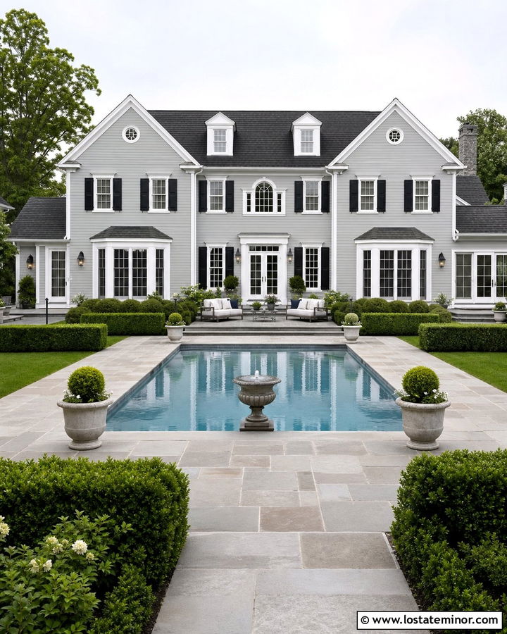 Light Grey Colonial House With Formal Pool - 30 Light Grey House Design With Swimming Pool Ideas