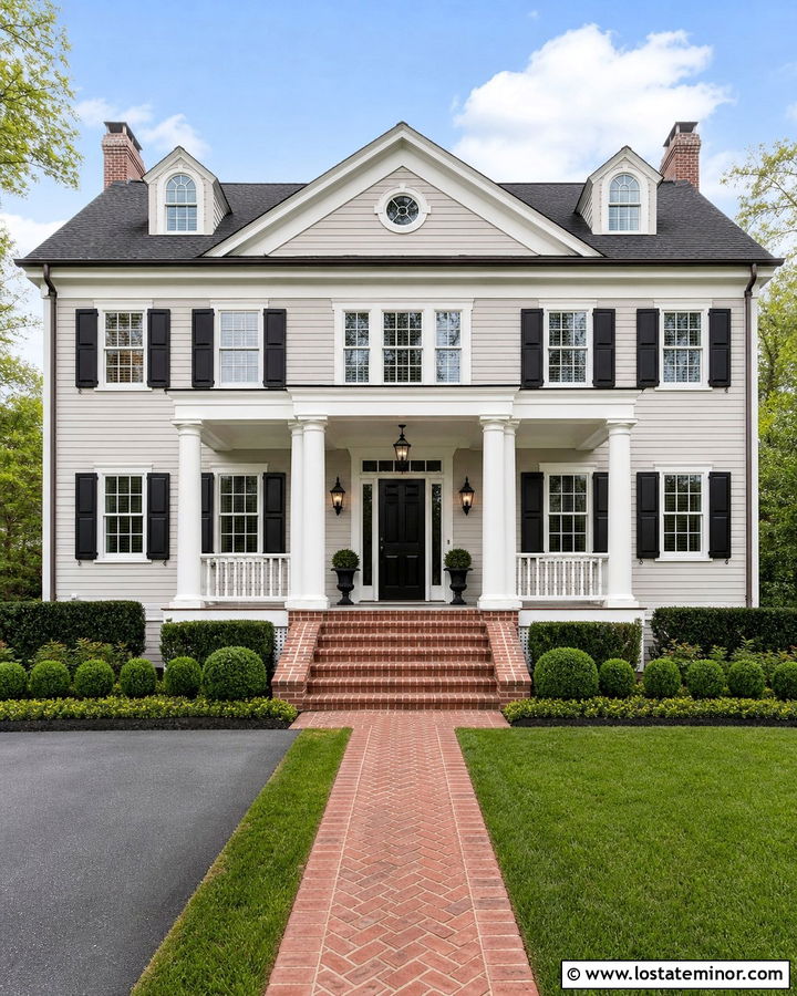 Light Grey Colonial House With Round Porch Columns - 30 Light Grey House Design With Porch Columns Ideas