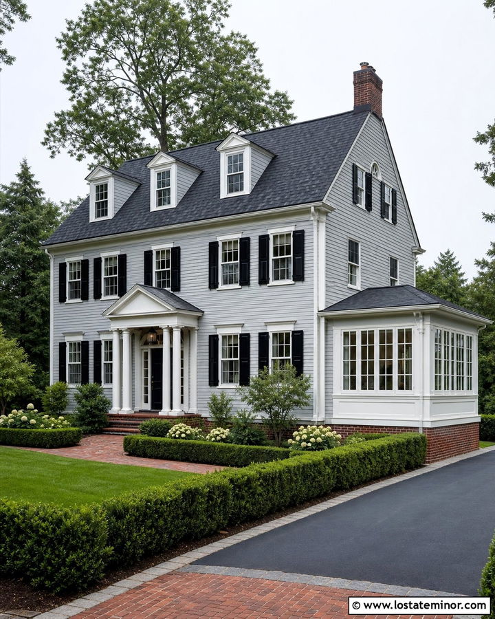 Light Grey Colonial House With Side Sunroom - 30 Light Grey House Design With Sunroom Ideas