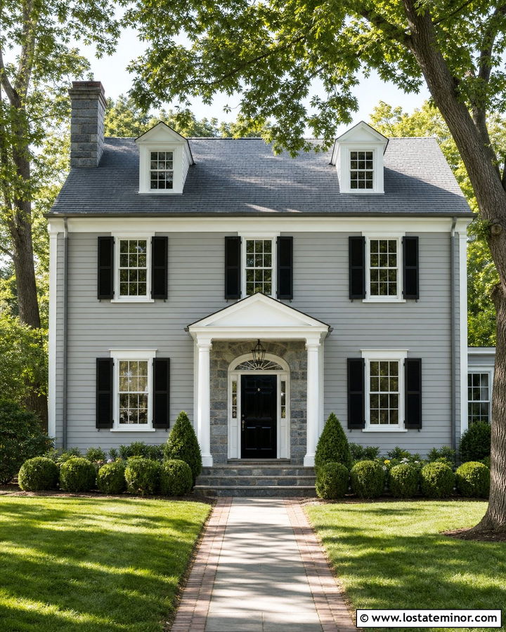 Light Grey Colonial House With Stone Entry - 30 Light Grey House Design With Stone Accents Ideas