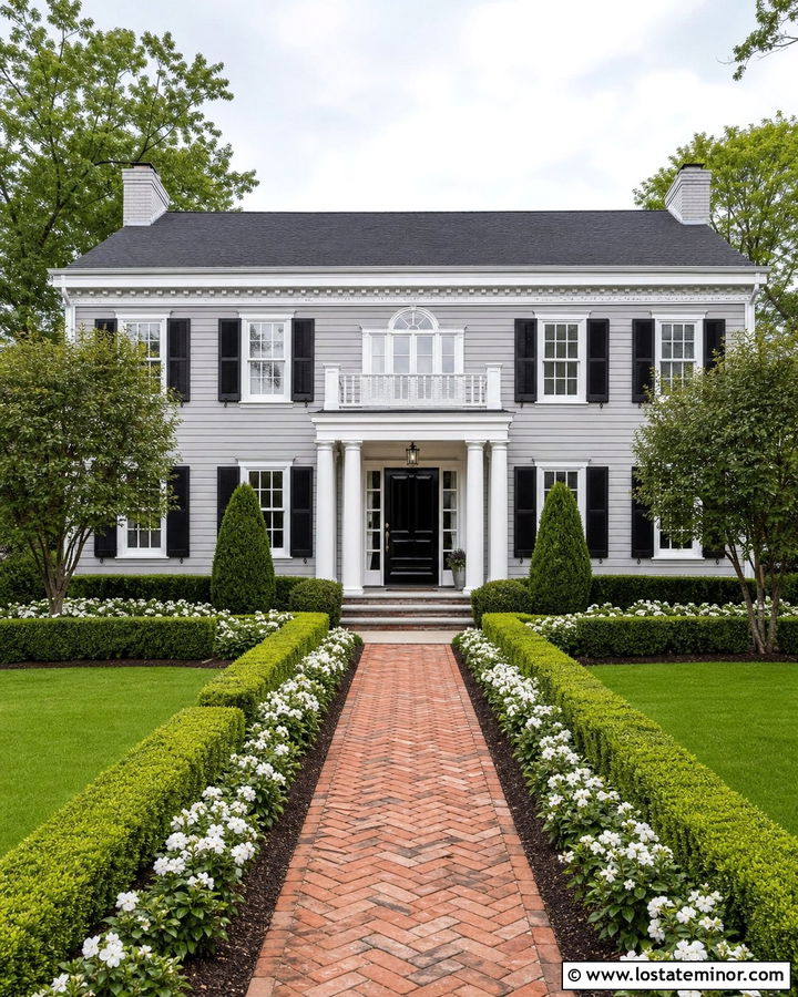 Light Grey Colonial House With Symmetrical Landscaping - 30 Light Grey House Design With Front Yard Ideas