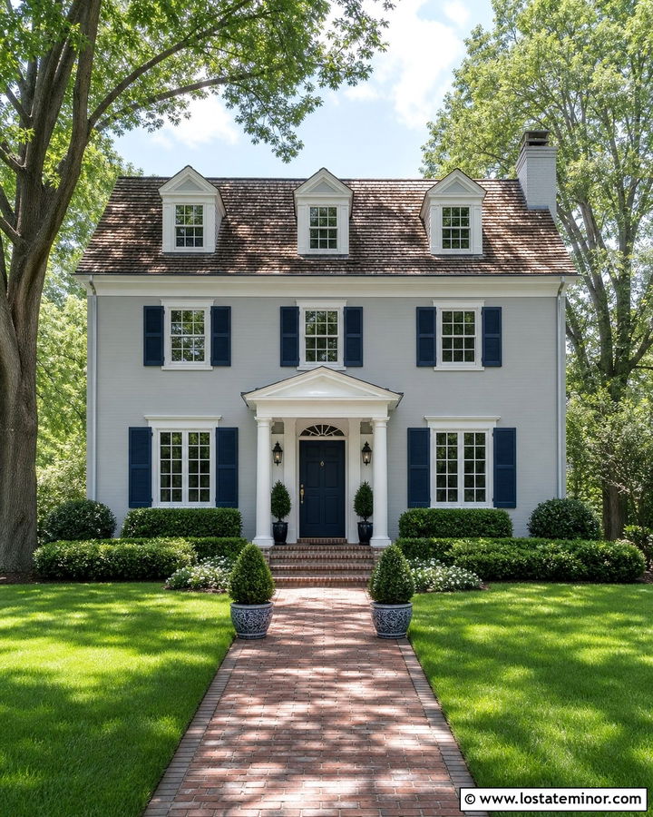 Light Grey Colonial House With Three Dormers - 30 Light Grey House Design With Dormers Ideas