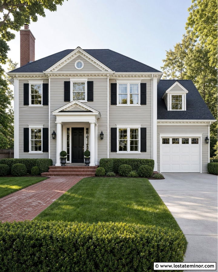 Light Grey Colonial House With White Garage Door - 30 Light Grey House Design With Garage Door Ideas
