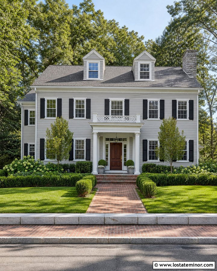 Light Grey Colonial With Black Shutters And Grey Shingles - 30 Light Grey House Design With Shingles Ideas