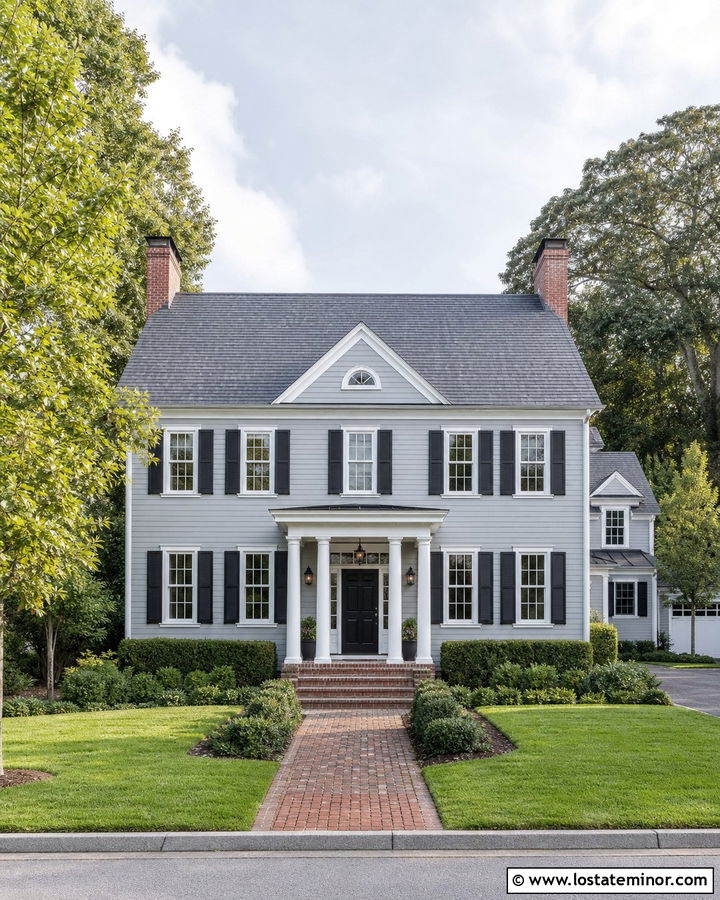 Light Grey Colonial With Center Gable - 30 Light Grey House Design With Gables Ideas