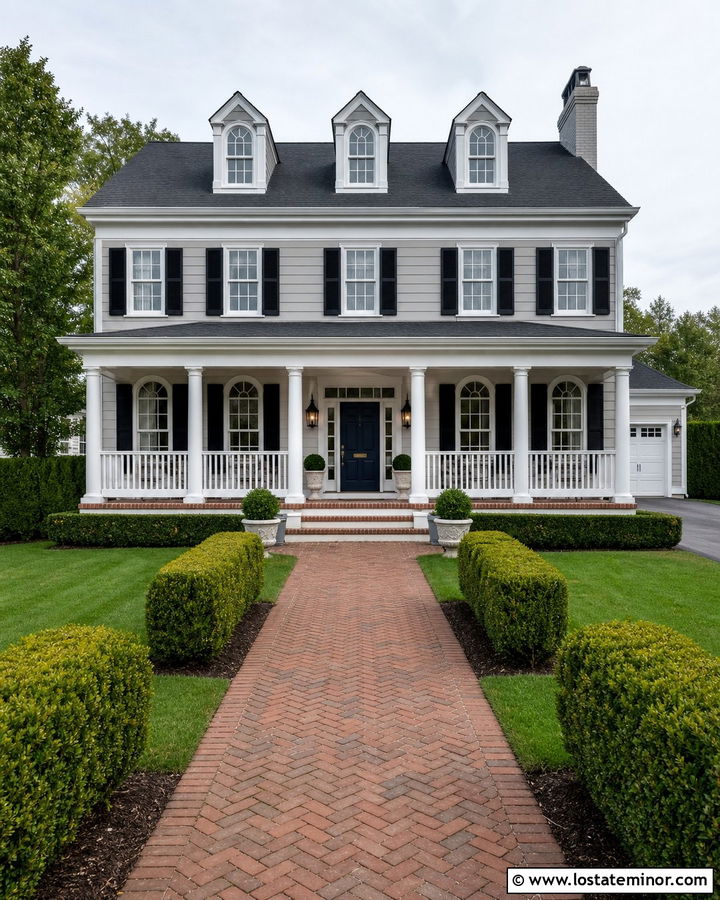 Light Grey Colonial With Columned Front Porch - 30 Light Grey House Design With Front Porch Ideas