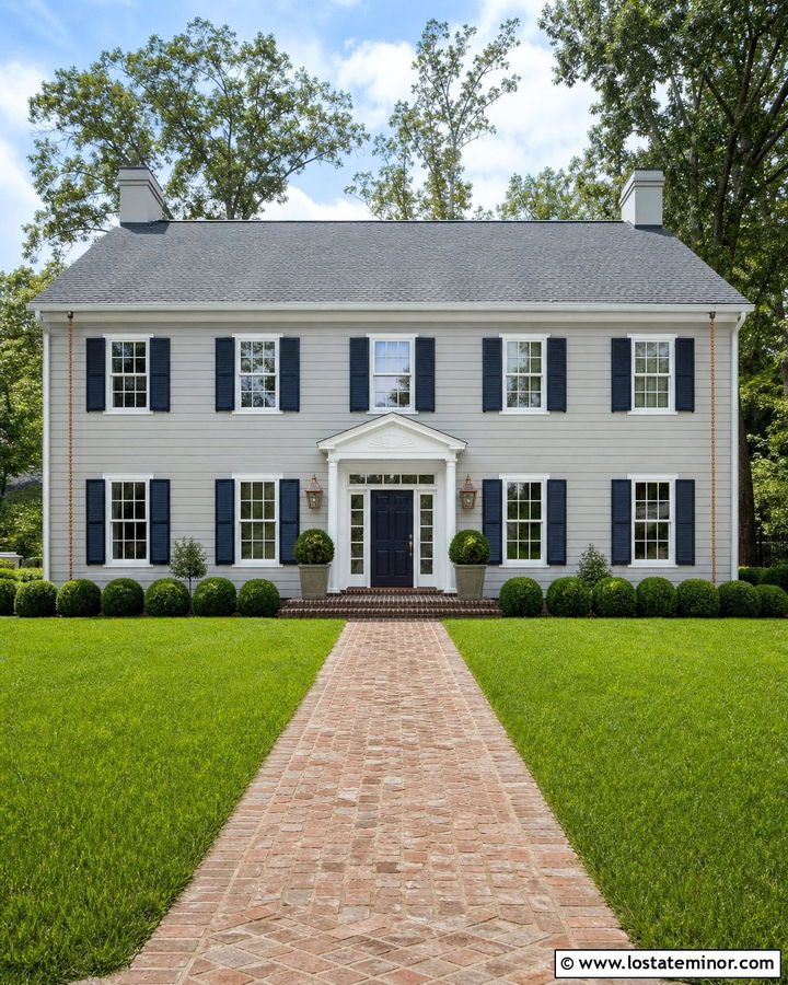 Light Grey Colonial With Copper Lanterns - 30 Light Grey House Design With Light Fixtures Ideas