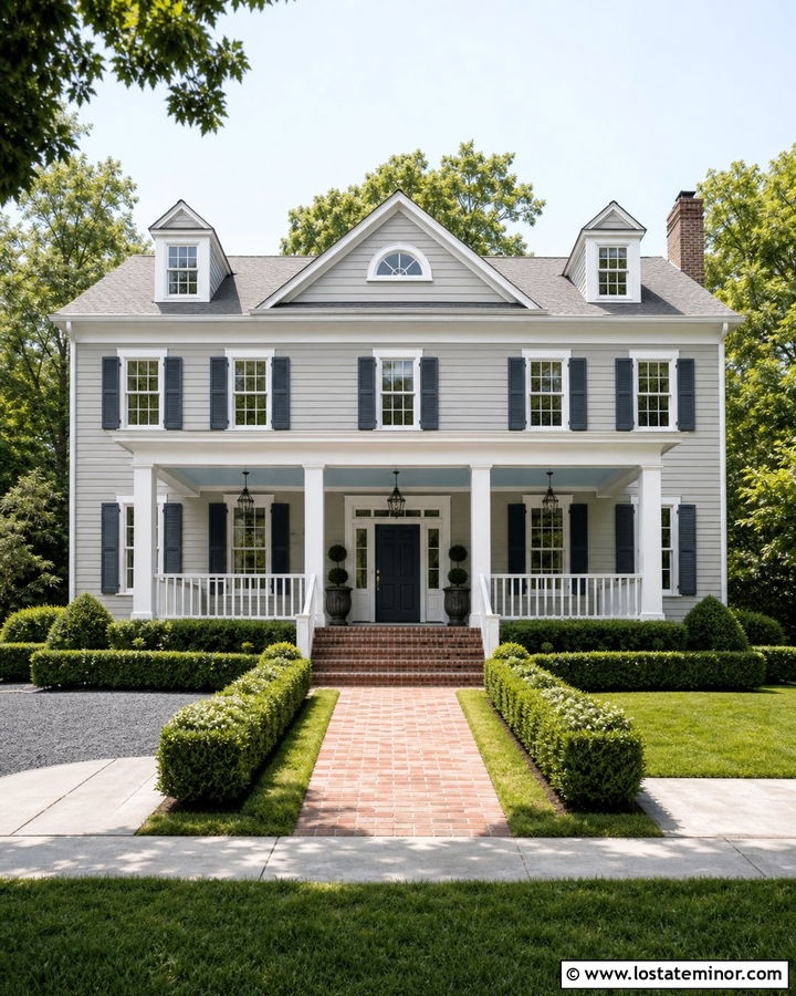 Light Grey Colonial With Light Blue Beadboard Ceiling - 30 Light Grey House Design With Porch Ceiling Ideas