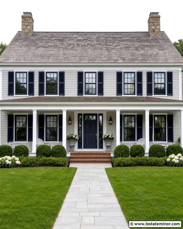 Light Grey Colonial With Navy Window Frames - 30 Light Grey House Design With Window Frames Ideas
