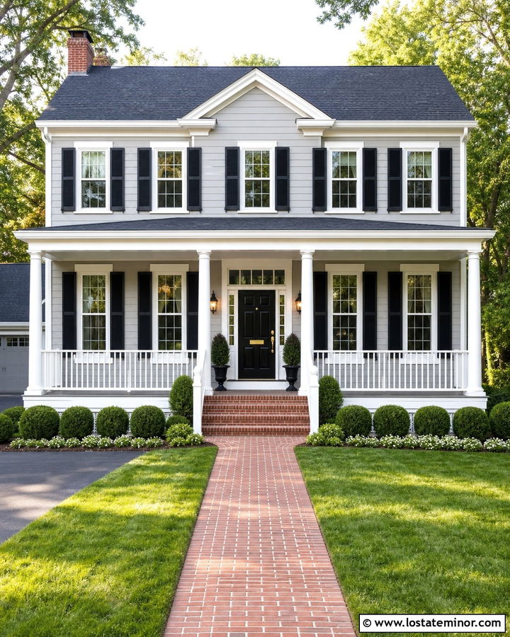 Light Grey Colonial With White Columns And Black Shutters - 30 Light Grey House Design With Porch Columns Ideas