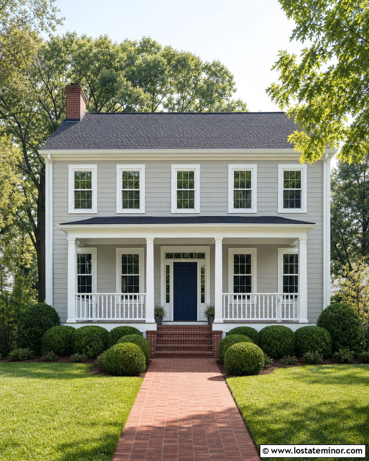 Light Grey Colonial With White Porch Railings - 30 Light Grey House Design With Railings Ideas