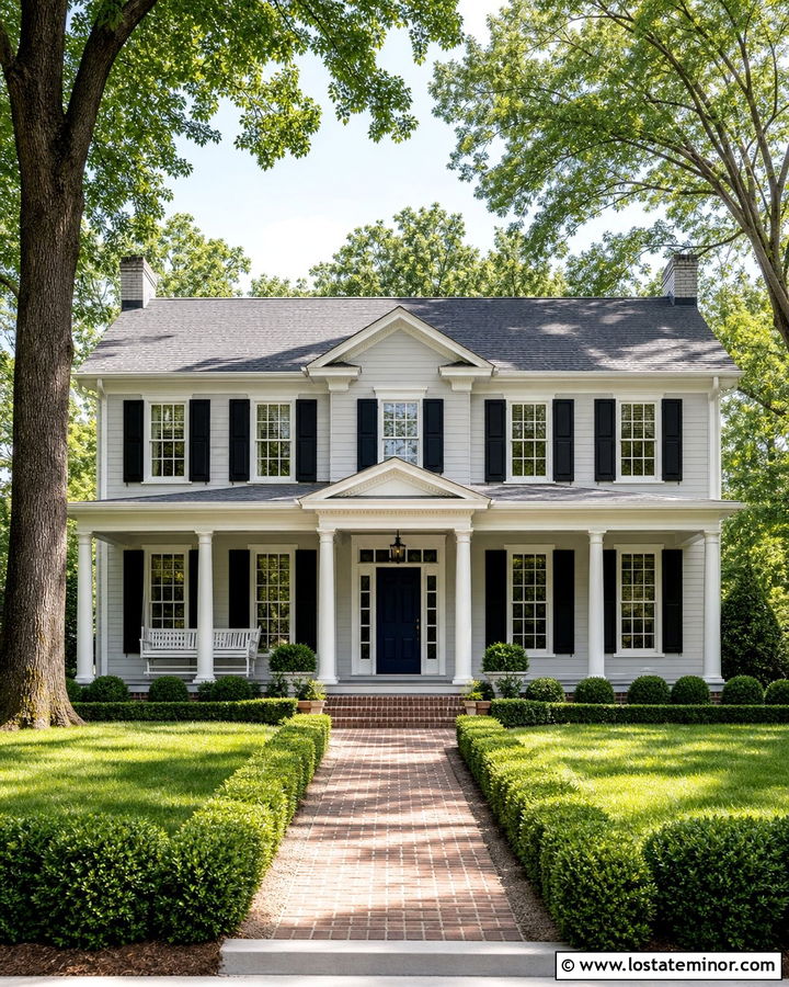 Light Grey Colonial With White Porch Swing - 30 Light Grey House Design With Swing Ideas
