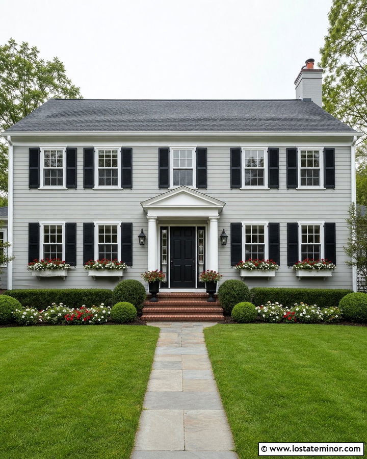 Light Grey Colonial With White Window Boxes - 30 Light Grey House Design With Window Boxes Ideas